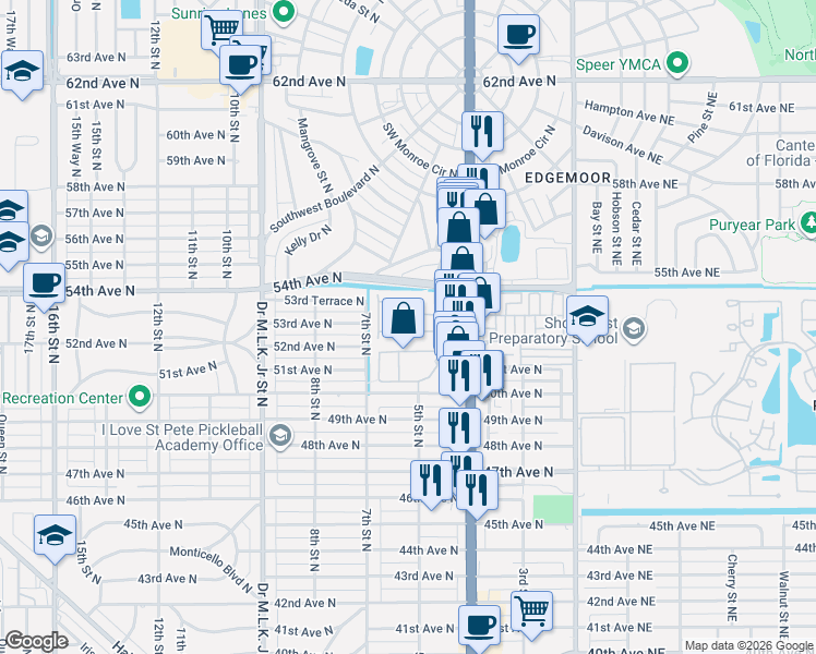 map of restaurants, bars, coffee shops, grocery stores, and more near 572 53rd Avenue North in St. Petersburg