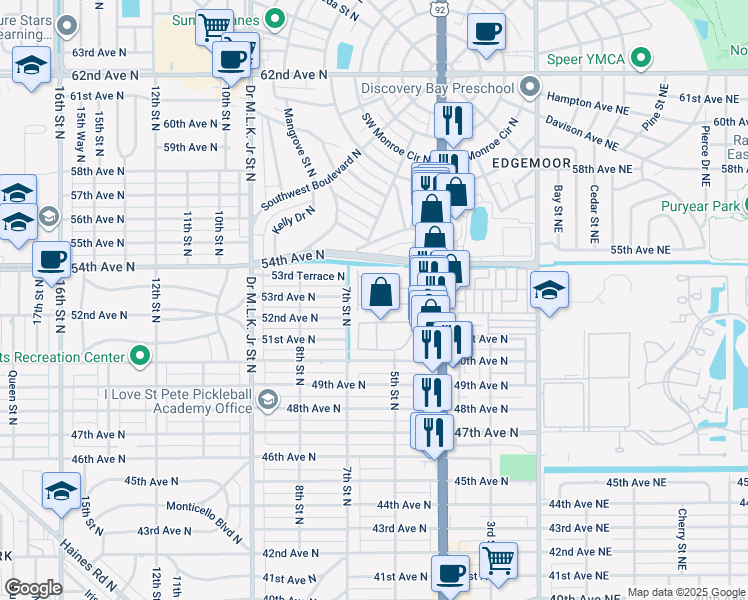 map of restaurants, bars, coffee shops, grocery stores, and more near 568 53rd Avenue North in St. Petersburg