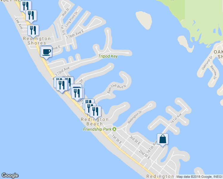 map of restaurants, bars, coffee shops, grocery stores, and more near 323 Bath Club Boulevard North in North Redington Beach