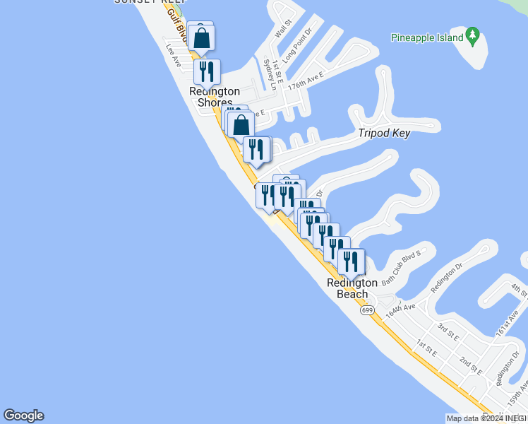 map of restaurants, bars, coffee shops, grocery stores, and more near 17140 Gulf Boulevard in North Redington Beach