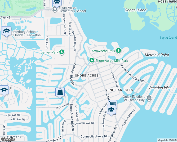 map of restaurants, bars, coffee shops, grocery stores, and more near 5201 Huntington Street Northeast in St. Petersburg