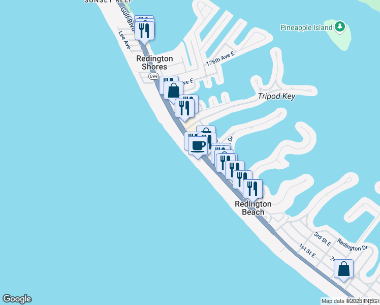 map of restaurants, bars, coffee shops, grocery stores, and more near 17140 Gulf Boulevard in North Redington Beach