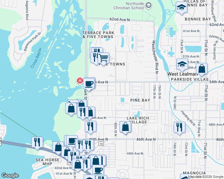 map of restaurants, bars, coffee shops, grocery stores, and more near 5357 80th Street North in St. Petersburg