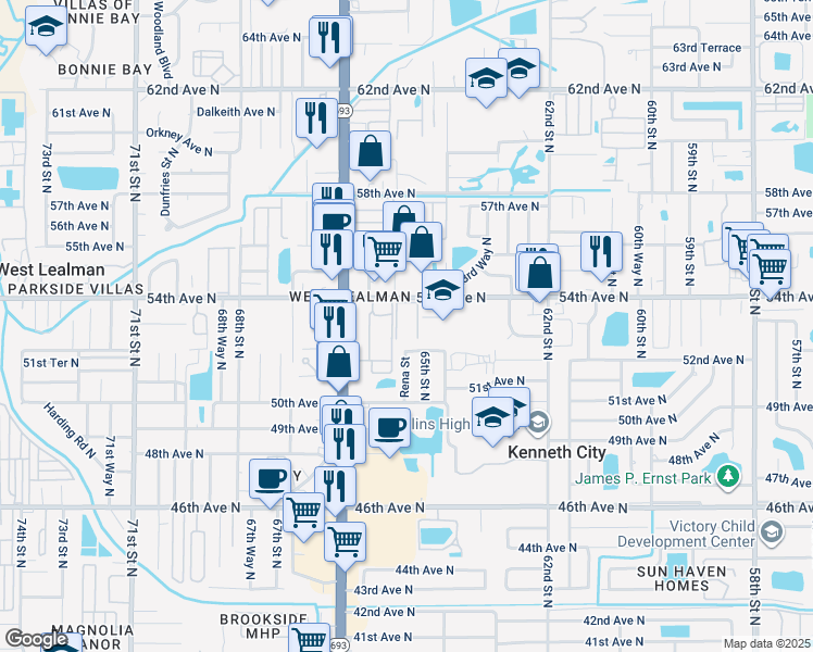 map of restaurants, bars, coffee shops, grocery stores, and more near 6484 54th Avenue North in St. Petersburg