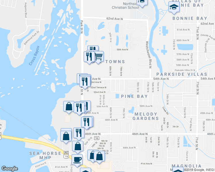 map of restaurants, bars, coffee shops, grocery stores, and more near 5357 80th Street North in St. Petersburg