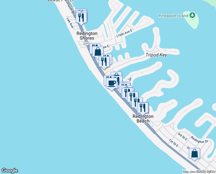 map of restaurants, bars, coffee shops, grocery stores, and more near in North Redington Beach