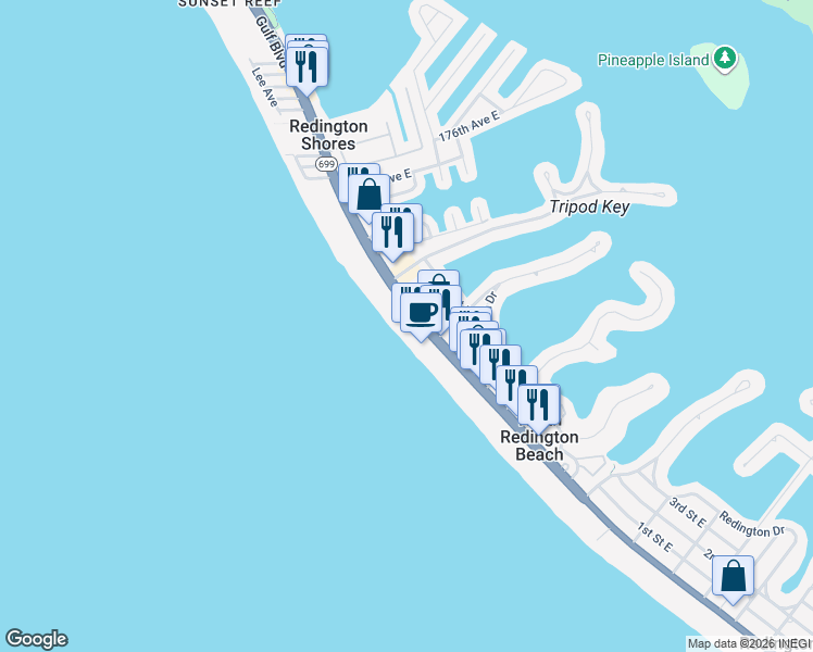 map of restaurants, bars, coffee shops, grocery stores, and more near in North Redington Beach