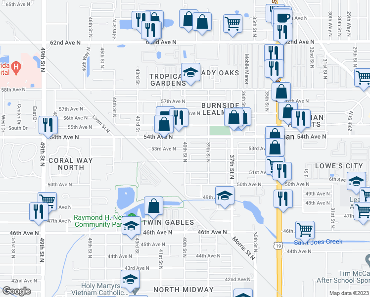 map of restaurants, bars, coffee shops, grocery stores, and more near 5299 40th Street North in Saint Petersburg