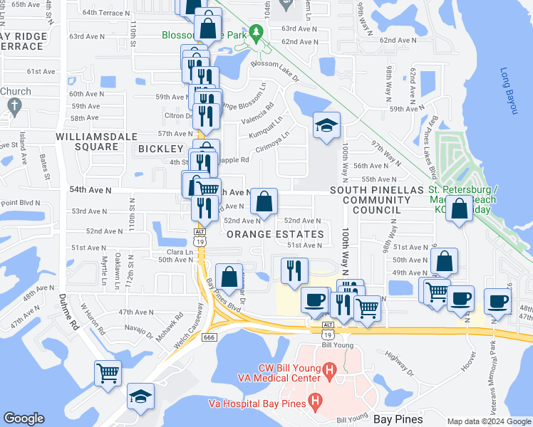 map of restaurants, bars, coffee shops, grocery stores, and more near 5237 104th Way North in Saint Petersburg