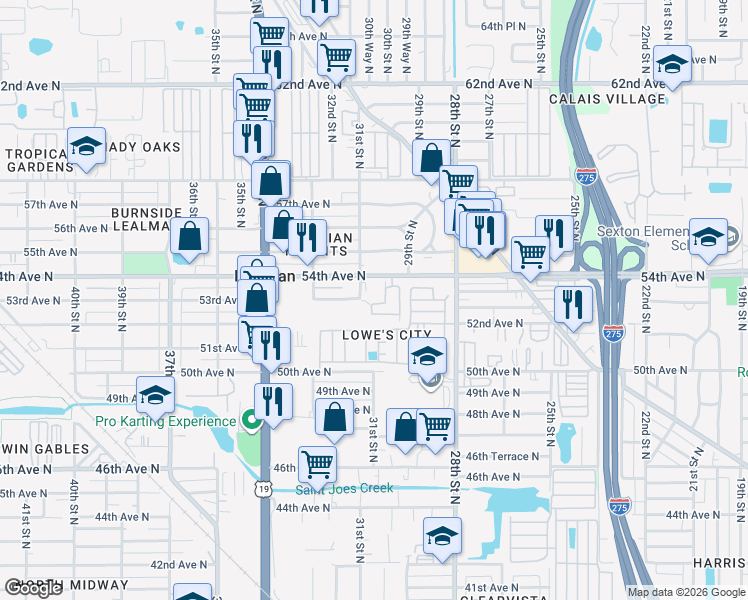 map of restaurants, bars, coffee shops, grocery stores, and more near 5330 31st Street North in St. Petersburg