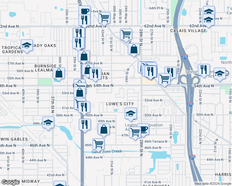 map of restaurants, bars, coffee shops, grocery stores, and more near 5330 31st Street North in St. Petersburg