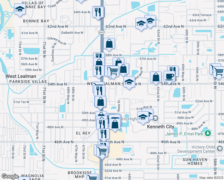 map of restaurants, bars, coffee shops, grocery stores, and more near 6536 53rd Avenue North in St. Petersburg