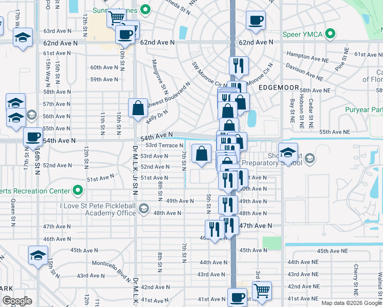 map of restaurants, bars, coffee shops, grocery stores, and more near 5276 6th Way North in St. Petersburg