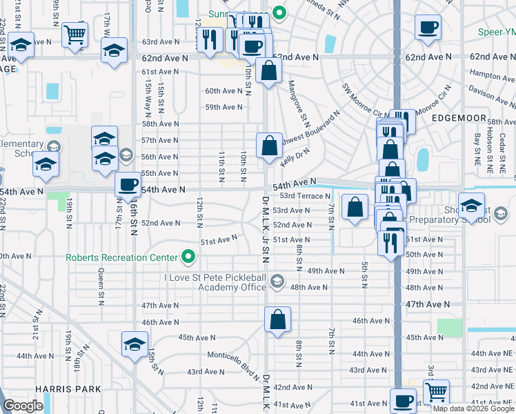 map of restaurants, bars, coffee shops, grocery stores, and more near 5230 Doctor Martin Luther King Junior Street North in St. Petersburg