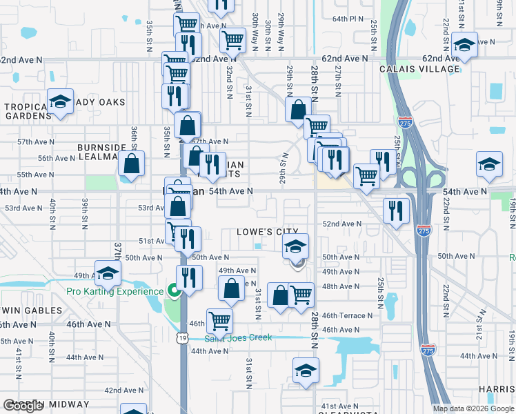 map of restaurants, bars, coffee shops, grocery stores, and more near 5330 31st Street North in St. Petersburg