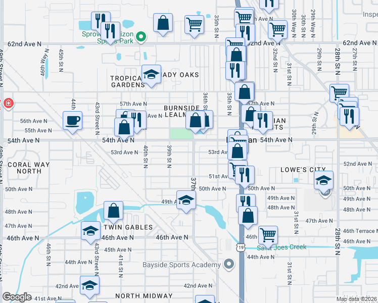map of restaurants, bars, coffee shops, grocery stores, and more near 3715 53rd Avenue North in St. Petersburg
