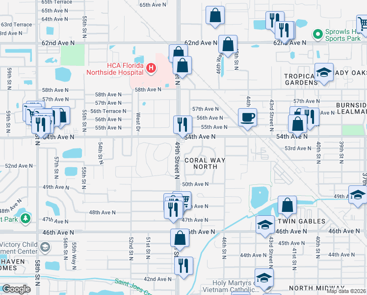 map of restaurants, bars, coffee shops, grocery stores, and more near 4880 54th Avenue North in St. Petersburg