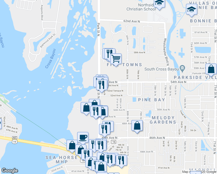 map of restaurants, bars, coffee shops, grocery stores, and more near 5297 81st Lane North in Saint Petersburg