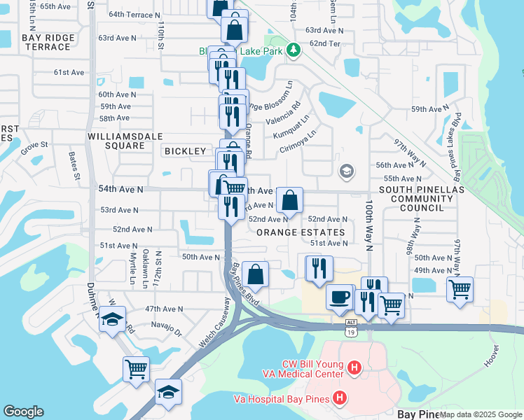 map of restaurants, bars, coffee shops, grocery stores, and more near 10536 53rd Ave N in St Petersburg