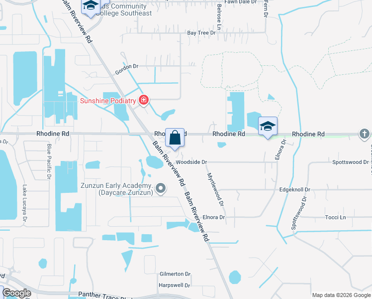 map of restaurants, bars, coffee shops, grocery stores, and more near 11906 Woodside Drive in Riverview