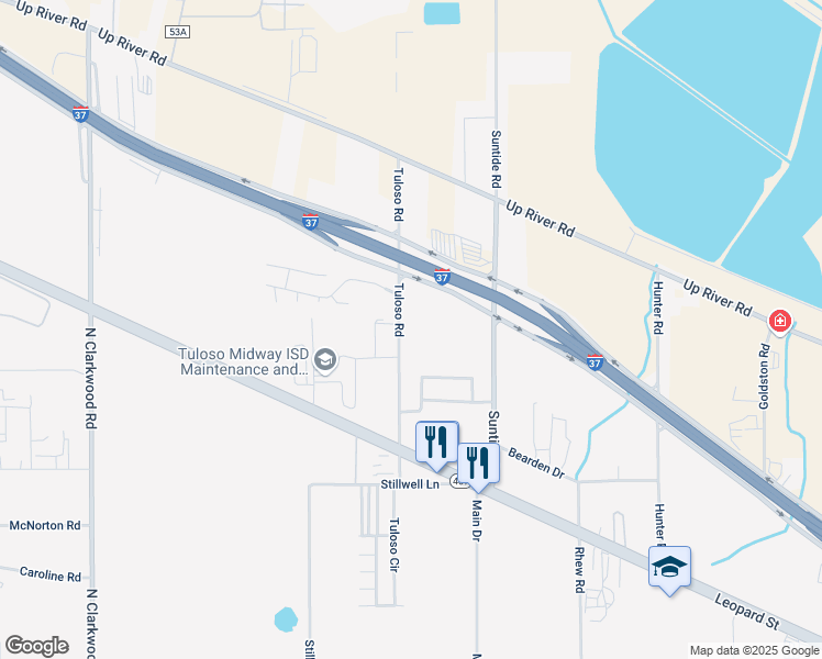 map of restaurants, bars, coffee shops, grocery stores, and more near 2101 Tuloso Road in Corpus Christi