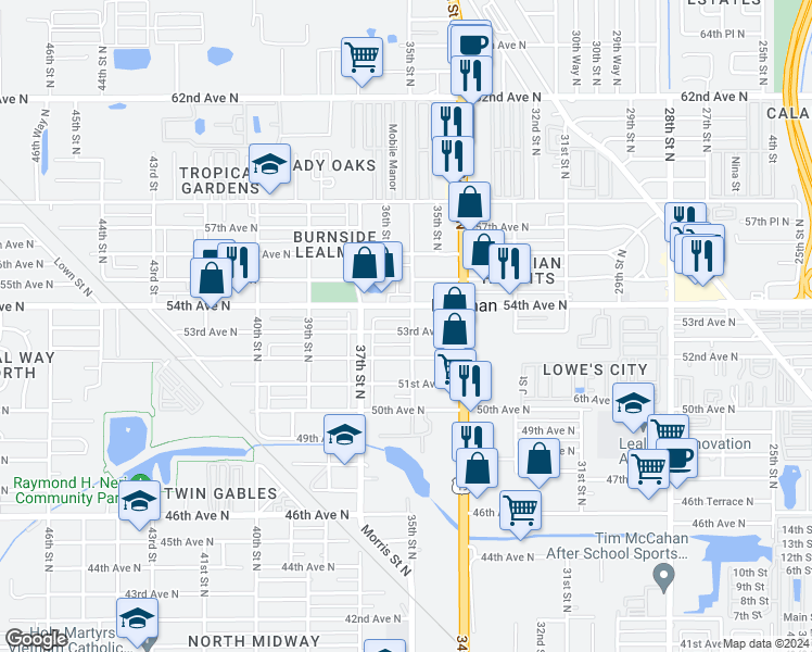 map of restaurants, bars, coffee shops, grocery stores, and more near 3573 53rd Avenue North in Saint Petersburg