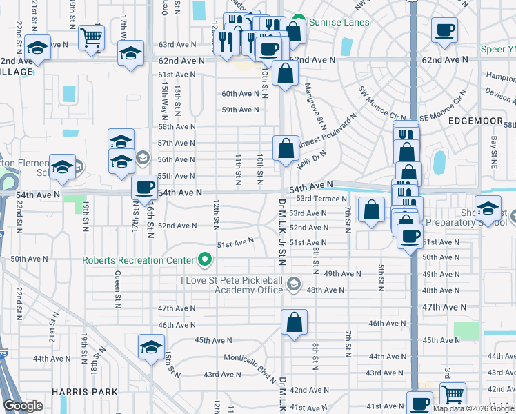 map of restaurants, bars, coffee shops, grocery stores, and more near 5310 10th Street North in St. Petersburg