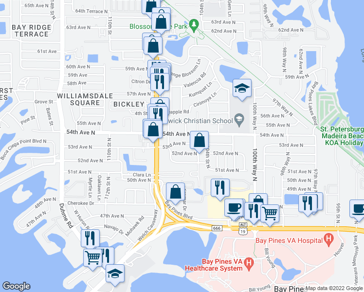 map of restaurants, bars, coffee shops, grocery stores, and more near 10526 53rd Avenue North in St. Petersburg