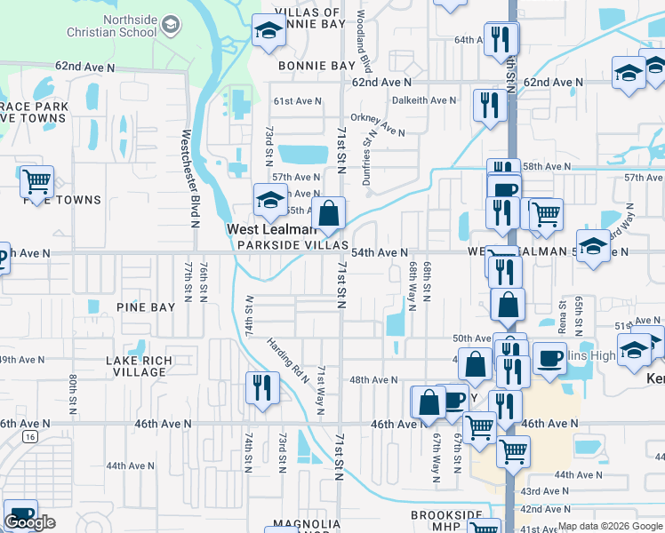 map of restaurants, bars, coffee shops, grocery stores, and more near 5351 71st Way North in St. Petersburg