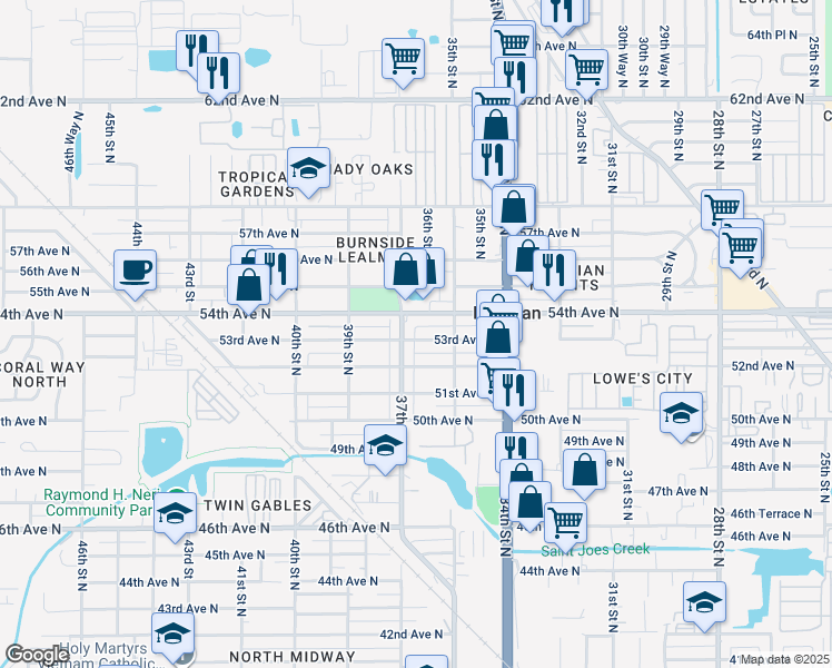 map of restaurants, bars, coffee shops, grocery stores, and more near 3675 53rd Avenue North in St. Petersburg