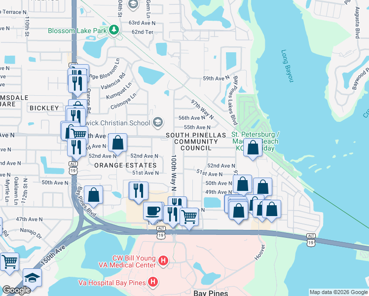 map of restaurants, bars, coffee shops, grocery stores, and more near 9991 99th Way North in St. Petersburg