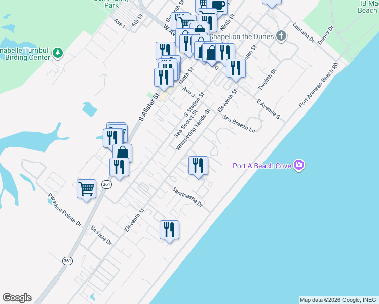 map of restaurants, bars, coffee shops, grocery stores, and more near 1319 Eleventh Street in Port Aransas