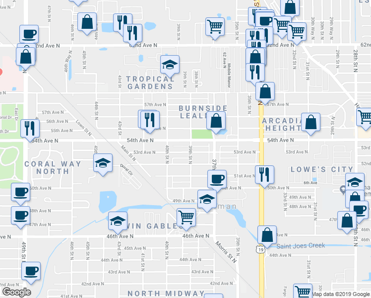 map of restaurants, bars, coffee shops, grocery stores, and more near 3913 53rd Avenue North in Saint Petersburg