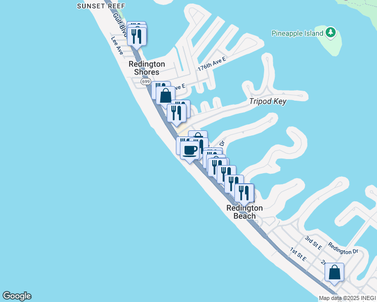 map of restaurants, bars, coffee shops, grocery stores, and more near in North Redington Beach
