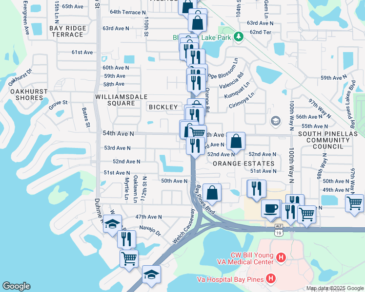 map of restaurants, bars, coffee shops, grocery stores, and more near 7 Ben Hur Court in St. Petersburg