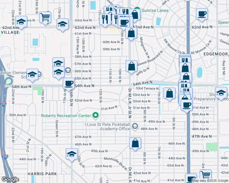 map of restaurants, bars, coffee shops, grocery stores, and more near 5310 10th Street North in St. Petersburg