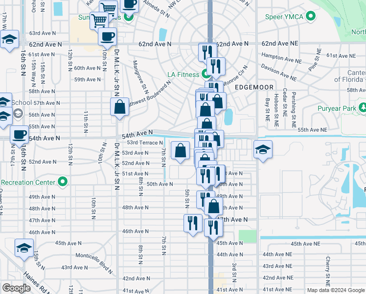 map of restaurants, bars, coffee shops, grocery stores, and more near 568 53rd Avenue North in St. Petersburg