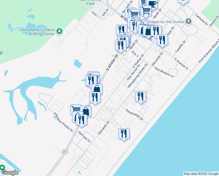 map of restaurants, bars, coffee shops, grocery stores, and more near 306 Leslie Lane in Port Aransas