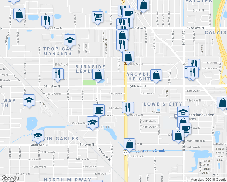 map of restaurants, bars, coffee shops, grocery stores, and more near 3549 53rd Avenue North in Saint Petersburg