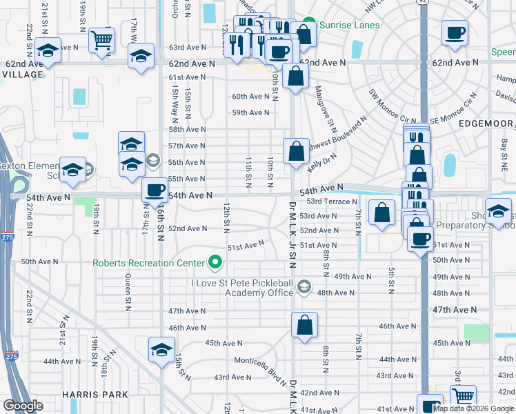 map of restaurants, bars, coffee shops, grocery stores, and more near 5310 10th Street North in St. Petersburg
