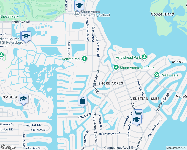 map of restaurants, bars, coffee shops, grocery stores, and more near 5273 Denver Street Northeast in St. Petersburg