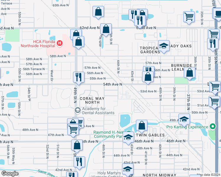 map of restaurants, bars, coffee shops, grocery stores, and more near 4551 53rd Avenue North in St. Petersburg