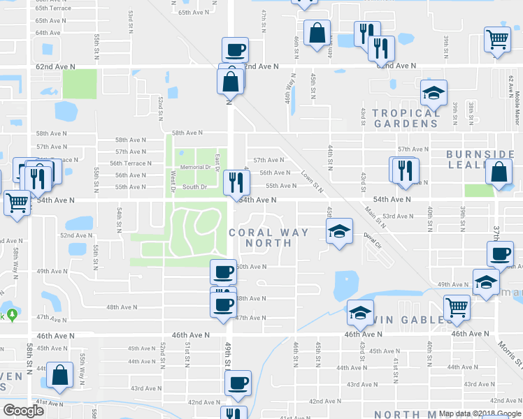 map of restaurants, bars, coffee shops, grocery stores, and more near 5386 Coral Way North in Saint Petersburg