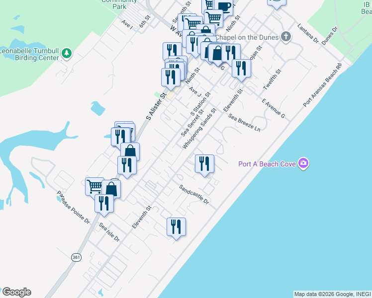 map of restaurants, bars, coffee shops, grocery stores, and more near 1337 Whispering Sands Street in Port Aransas