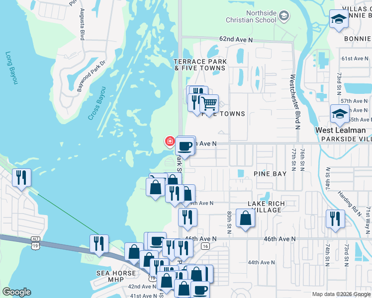 map of restaurants, bars, coffee shops, grocery stores, and more near 5399 Park Street North in St. Petersburg