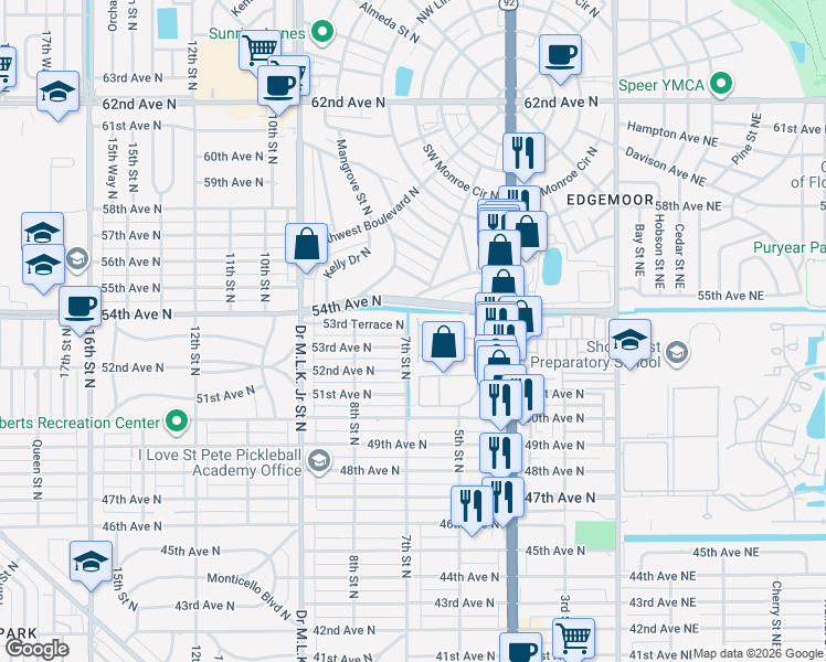 map of restaurants, bars, coffee shops, grocery stores, and more near 5276 6th Way North in St. Petersburg