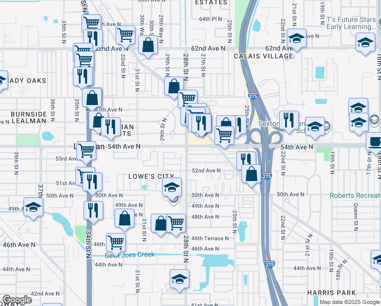map of restaurants, bars, coffee shops, grocery stores, and more near 2753 53rd Avenue North in St. Petersburg
