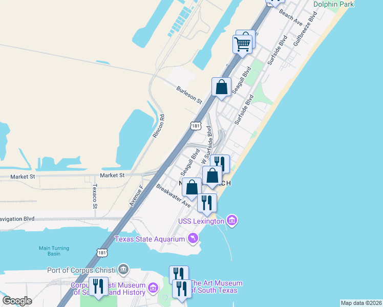 map of restaurants, bars, coffee shops, grocery stores, and more near 3209 Seagull Boulevard in Corpus Christi