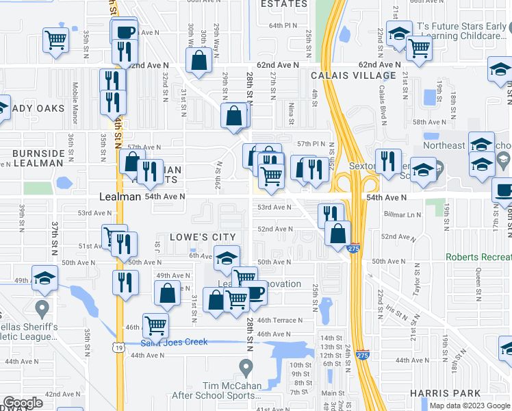 map of restaurants, bars, coffee shops, grocery stores, and more near 2753 53rd Avenue North in St. Petersburg