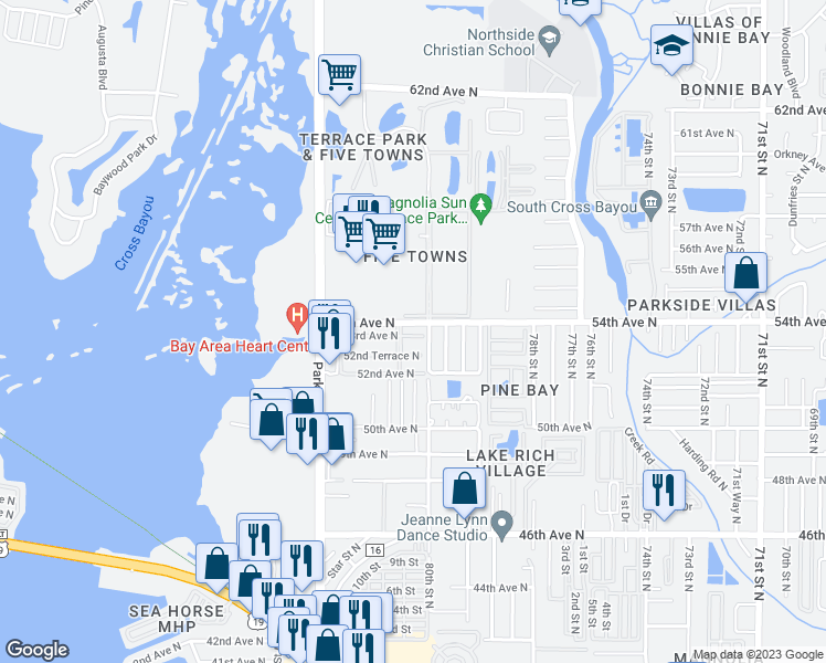 map of restaurants, bars, coffee shops, grocery stores, and more near 5357 80th Street North in St. Petersburg